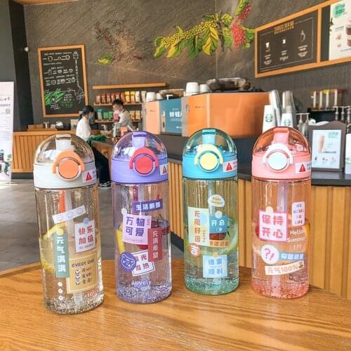 500ml Creative Cartoon Printing Text Plastic Straw Cup Student Cup One-Click Opening Cute Water Bottle with Silicone Straw