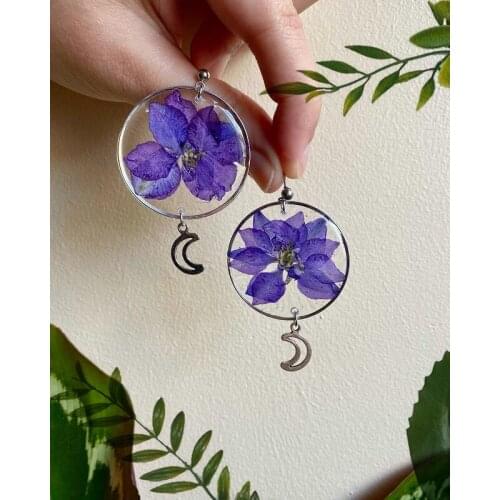 Pressed Real Flower Moon Earrings with Purple Larkspur Dangle Earrings Boho Jewelry Unique Earrings