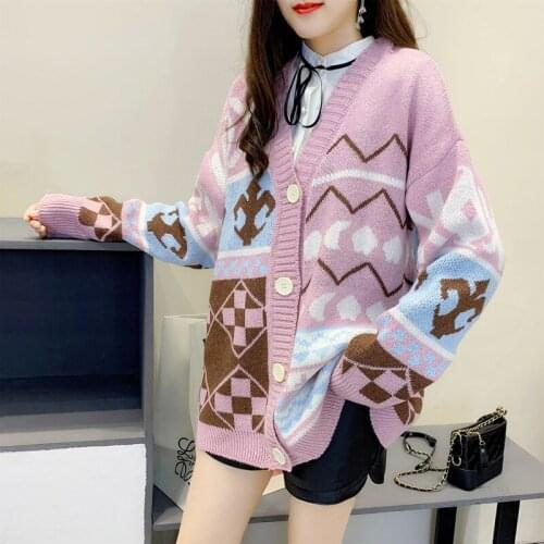QRWR 2020 Korean Fashion Sweater Spring Autumn V Neck Single Breasted Oversized Sweater Print Casual Long Knitted Cardigan