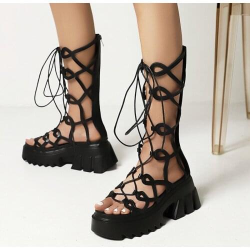 Women Summer Open Toe Square Heel Sandals Patent Leather Zipper Gladiator Sandals Ladies Fashion Cross Tied Platform Shoes