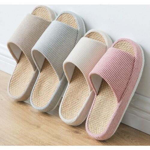 Summer Indoor Bedroom Couple Slippers Women Men Home Striped Linen Shoes Summer Comfortable Hemp Slides Female Beach Flip Flops