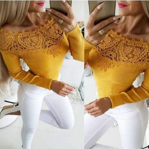 VITIANA Women Slim Sexy Long Sleeve Tshirt For Womens Autumn 2020 Female Pullover Yellow Lace T-Shirt Femme Casual Tops