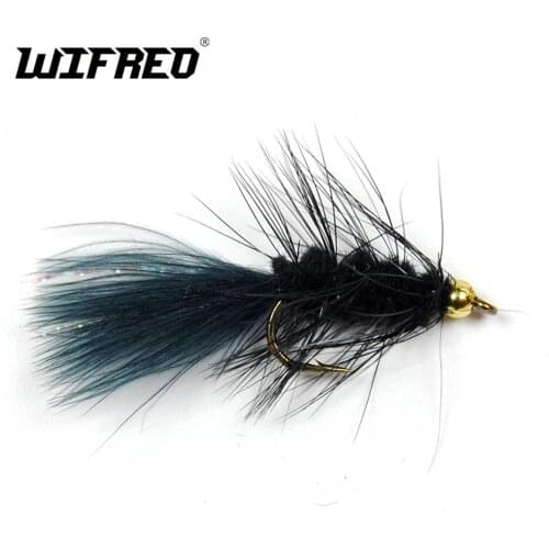 Wifreo 10PCS 8# Streamer Woolly Bugger Fly Black Color with Crystal Flash Tail Golden Head Free Box