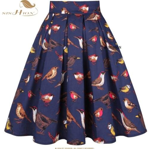 Leaf Green Birds Retro Floral Print Vintage Pleated Skirts Womens 2021 50s 60s 40s High Waist Midi Cotton Summer Swing Skirt