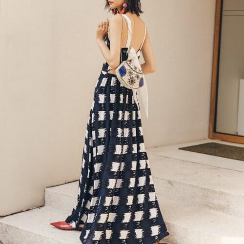 Beach Skirt Womens Beach Vacation Bali Show Thin Long Skirt Check Open Back Suspender Dress Womens Summer