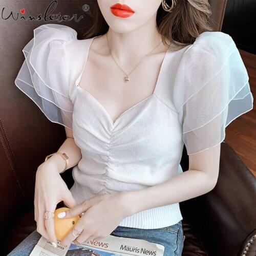 Summer 2021 Knitted T-shirt Women Vintage Knitwear Stretchy Square Collar Ruched Mesh Patchwork Tops Tees Puff Sleeve T17609A