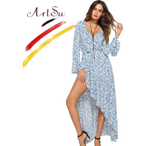ArtSu 2019 Spring Women Boho Floral Print Maxi Dress Flare Sleeve Ruffle V-Neck Sexy Long Mermaid Dress Beach Vestidos Mujer
