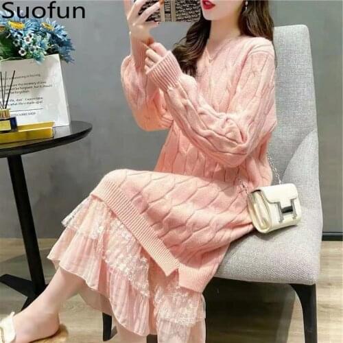 Medium Length Woolen Dress Womens Autumn Winter 2021 Solid Color Mesh Hem Stitching Knitted Bottomed Skirt Long Sleeve Dresses