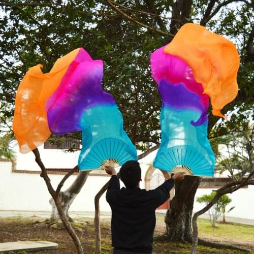 2016 High selling 100% Real Silk Veils 1 Pair handmade women Quality Silk Belly Dance Fan Dance 4 color 180*90 cm