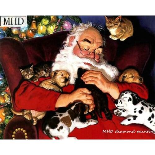 5D DIY Diamond Painting Cross Stitch for Home Decor Artwork for 3D Diamond Embroidery Mosaic Kit Santa Claus with Dog Sleeping