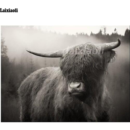 5D Full Square round diy handmade diamond embroidery cross stitch mosaic painting kit Highland-Cattle buffalo picture home Decor