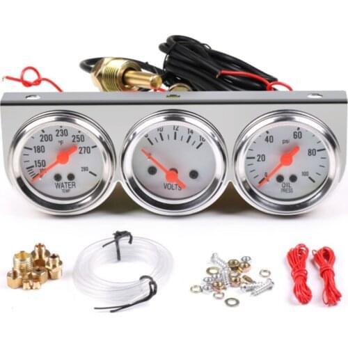52mm Car Meter 2" 12V Mechanical Gauge 3 In 1 8-16 V Voltage /150-280℉ Water Temp / 0-100 Psi Oil Pressure Chrome-Plated Silver
