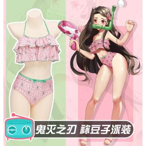 Kamado Bikini Nezuko Anime Demon Slayer Cosplay Costume with Hairpin Sexy Beach Swimsuit Set Swimwear Bathing Suit Woman Girl