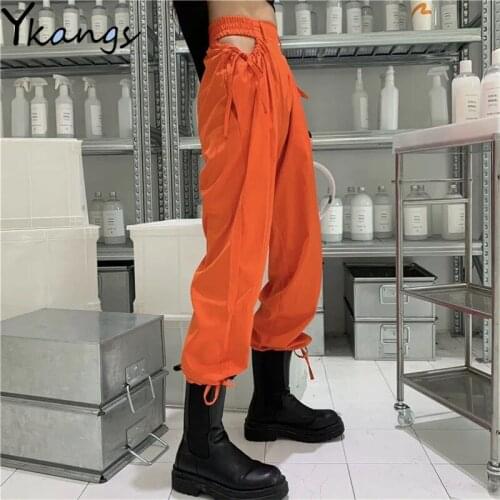 Hollow Out Drawstring Elastic High Waisted Solid Harem Trousers Joggers Women Gothic Streetwear Korean Style Sweat Pants Female