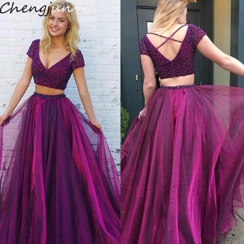 Chengjun Fuchsia A Line 2 Pieces V-Neck Short Sleeve Beaded Top Prom Long Dresses
