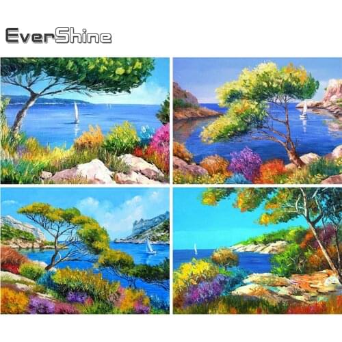 Evershine 5D DIY Diamond Embroidery Tree Cross Stitch Kit Diamond Painting Seaside Landscape Rhinestone Picture Wall Decoration