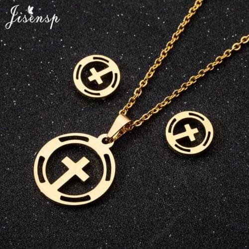 Jisensp Fashion Cross Pendant Necklaces for Women Men Religious Stainless Steel Jewelry Simple Round Earrings Set collane donna