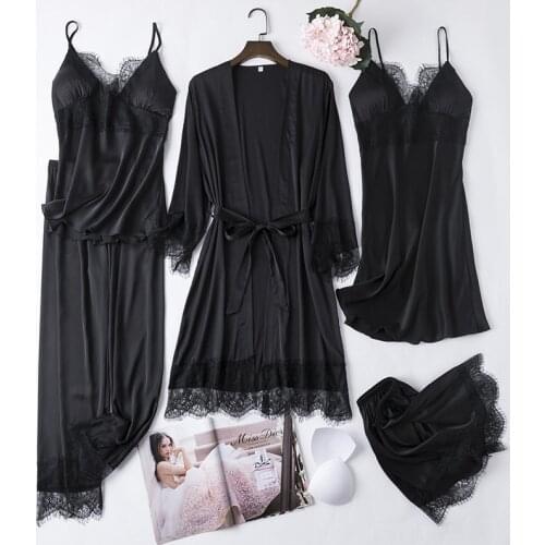 Black 5PCS Lace Satin Robe Gown Sets Sexy Womens Nighty Bathrobe Nightgown Sleep Suit Spring Sleepwear Home Kimono Pajamas