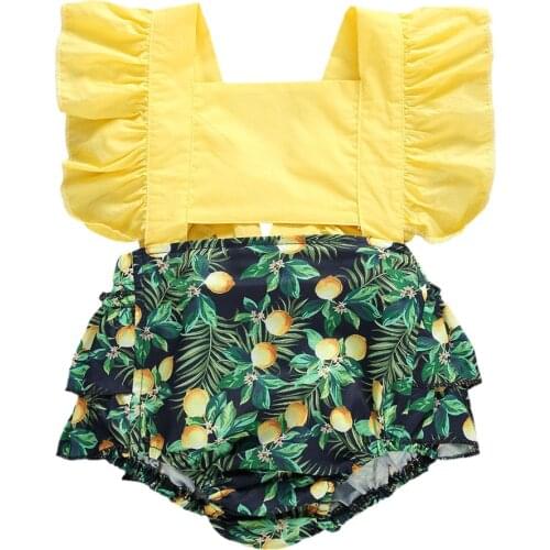 Baby Girl Summer arrival Clothing Suits Short Flare Sleeve Pullover Romper Lemon Pineapple Flamingo Print Square Collar