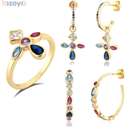 Lozoya 925 Sterling Silver Five Color Gold Rainbow Ring Jewelry Cross Drop Earring Hoops Piercing Set For Women Fashion Jewels