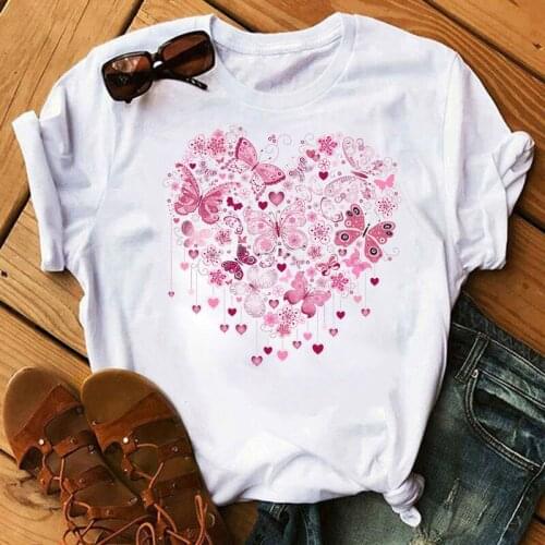 Fashion Women T Shirt Heart Butterflies Print Ladies T-shirt Casual White Shirt Short Sleeve Women T-shirt Love Graphic T-shirts