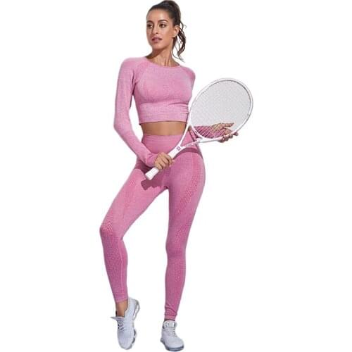 11 Colors Fashion Womens Seamless Quick Dry Long Sleeves Sport Suit Close-Fitting Yoga 2pcs Set Gym Wear