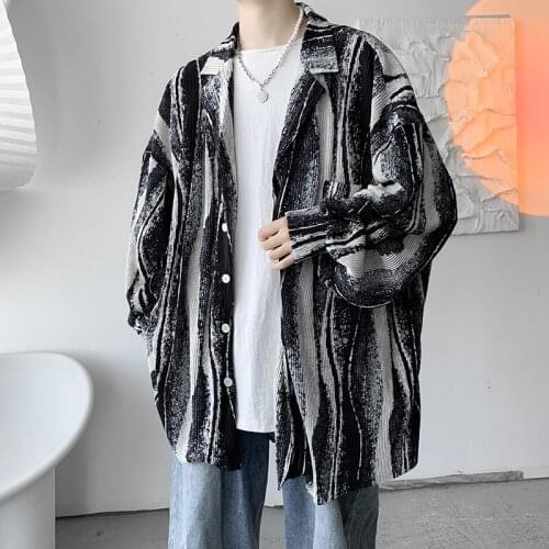 Autumn mens Retro ink painting shirt ins Korean youth fashion mens loose lazy long sleeve shirt coat