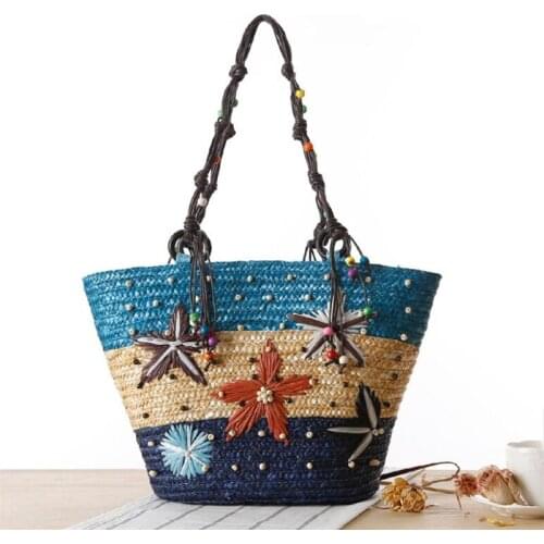 New Bohemian Style Starfish Pattern Beach Straw Bag Hand-embroidered Beaded Decoration Handbag Womens One-shoulder Bag IL00613