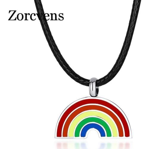 Modyle New Cute Rainbow Women Men Stainless Steel Jewelry Leather Rope Chain Gay & Lesbian Pride Pendant Necklace