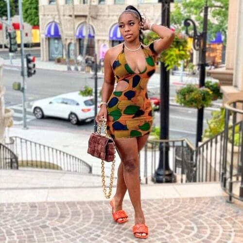 TNNAOFF New Popular Bandage Draped Hollow Bodycon Mini Dress for Women Summer Sexy Print Strapless Streetwear Club Party Dresses