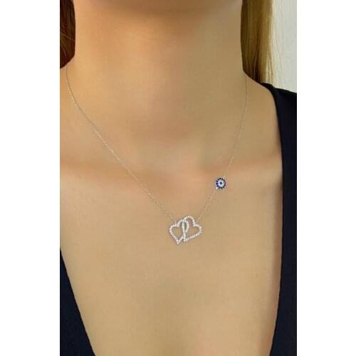Double Heart Love Evil Eye Beads 925 Silver Necklace