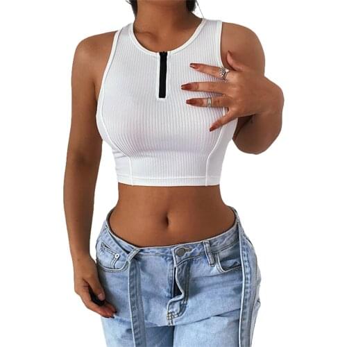 Sexy Women’s Fashion Solid Color Vest Casual Zipper Round Neck Exposed Navel Sleeveless Tops 2021 New Fashion