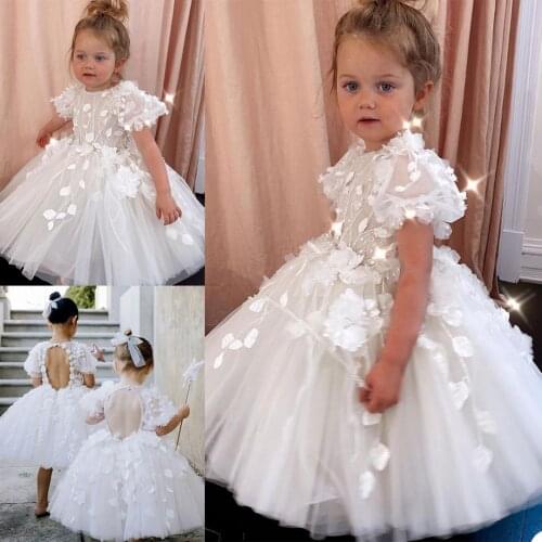 Lovely Beads Flower Girls Dress Cute Jewel Neck Hand Made Flowers Short Sleeve Children Birthday Party Dresses Kids Wedding Prom