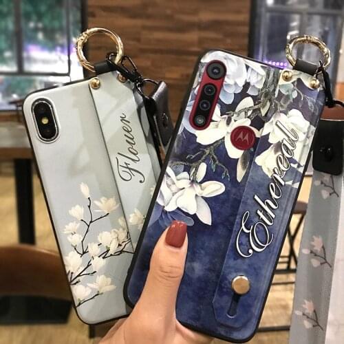 Shockproof Anti-dust Phone Case For MOTO G8 Play/One Macro Wristband Delicate Painted Lanyard Silicone Phone Holder