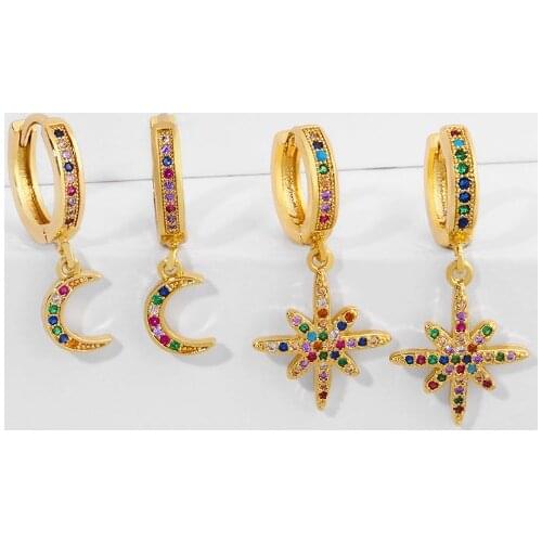 Moon star multicolor Brass micro pave cz zircon cubic zirconia drop Hoop Earrings studs copper gold plated crystal xge3