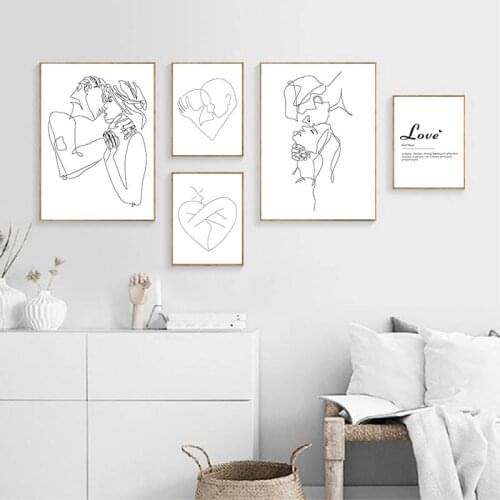 Line Drawing Couple Kiss Abstract Poster Wall Art Canvas Print Black White Simple Painting Decorative Picture Modern Home Decor