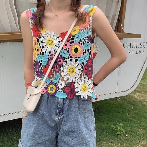 Sexy Knit Camis Women Colorful 2021 New Summer Party Tops Hollow Out Women National lace Tops Perspective Tank Top