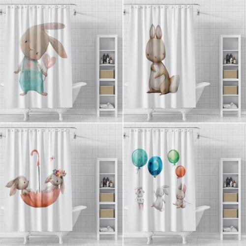 Cartoon Rabbit Water Color Shower Curtain Bath Curtain Cute Bunny Pattern Girls Bathtub Decor Curtains With Hooks