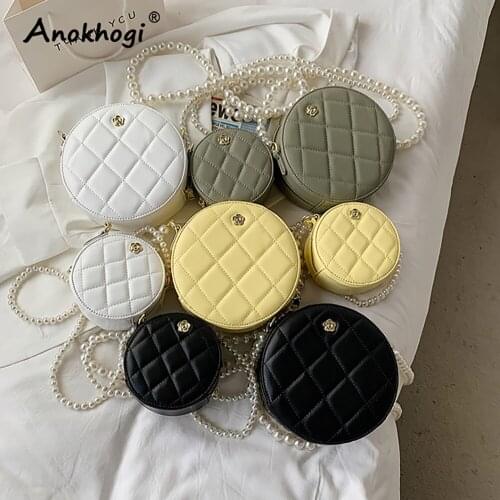 Diamond Lattice Round Pearl Women Casual Shoulder Bag Zipper 2 Sizes Female Coin Bag ML100