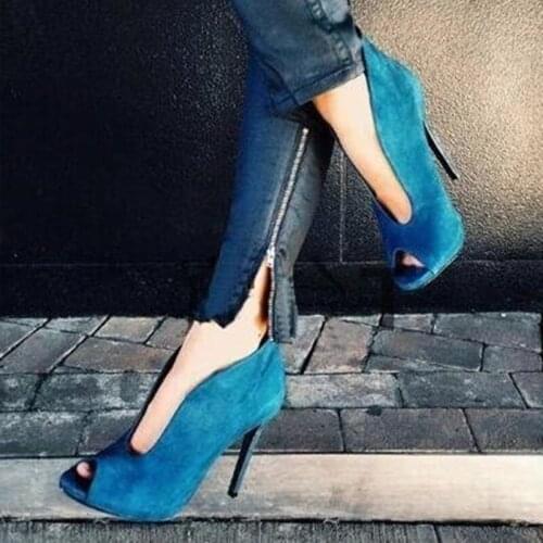 Sexy Blue Suede Ankle Bootie Deep V Front Vamp High Heel Peep Toe Boots Shoes Women Cut-out Lady Dress Shoes Customized