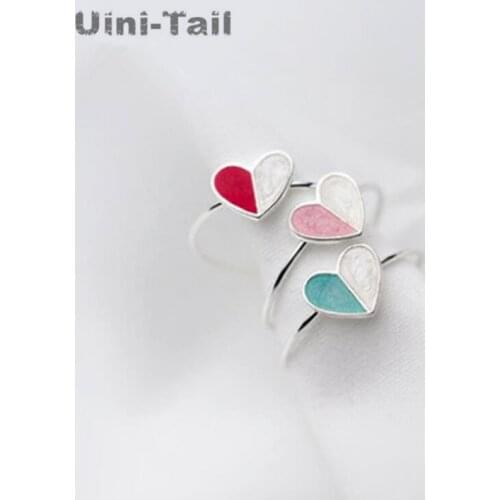 Uini-Tail hot new 925 sterling silver ice cream heart opening ring female small fresh heart-shaped mosaic hit color tail ring