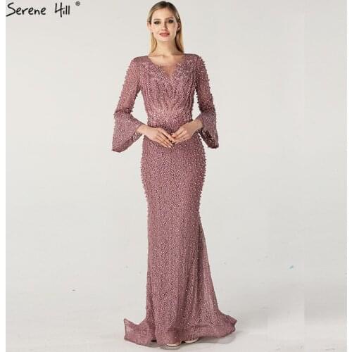Muslim Pink Luxury Long Sleeves Prom Dresses Pearls Crystal Lace Prom Gowns 2020 Serene Hill Plus Size DLA60813