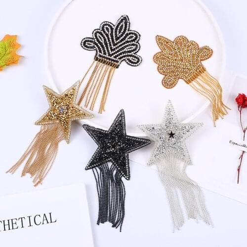 Sparkling Rhinestone Five-pointed Star Crown Tassel Clothes Patches For Clothing Bags Hats Shoes Appliques Sew Iron-on Stickers