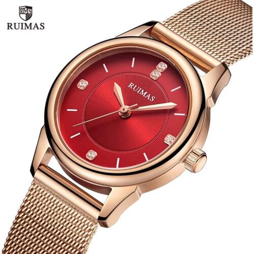 RUIMAS Stylish Rose Gold Women Watches Simple Luxury Mesh Wristwatch Ladies Female Waterproof Clocks Relogios Feminino S6779 Red