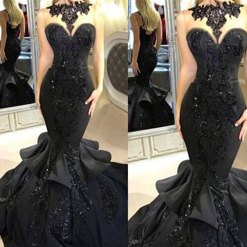 Mermaid prom dresses black 2020 sheer sweetheart puffy beaded vintage evening dresses long