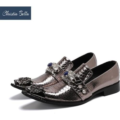 Christia Bella Silver Genuine Leather Men Dress Shoes Pointed Toe Wedding Party Leather Shoes Business Oxford Formal Man Shoes