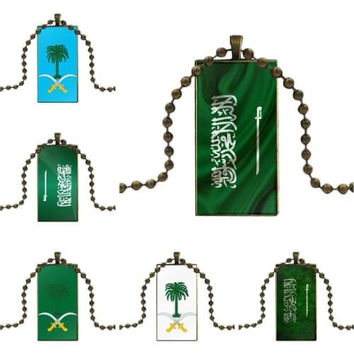 For Girls Statement Maxi Glass Pendant Necklace Handmade Half Pendant Rectangle Necklace Saudi Arabia National Flag Emblem