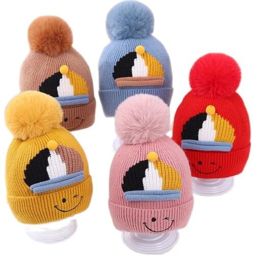 Doitbest 2021 Children Knitted Hat Kids Girls Boys Autumn Winter Cute Fur ball cartoon Warm Baby Beanie Earflap Hats