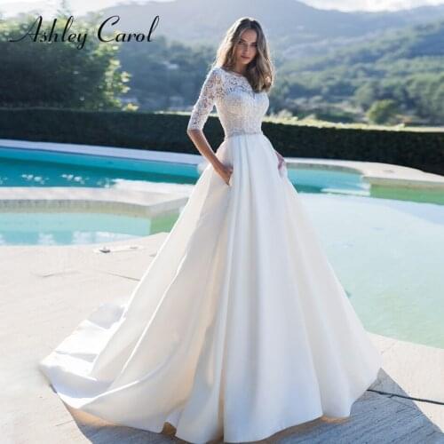 Ashley Carol Satin A-Line Wedding Dress 2021 Elegant Scoop Appliques Crystal Half Sleeve Button Bridal Gown Vestido De Novia