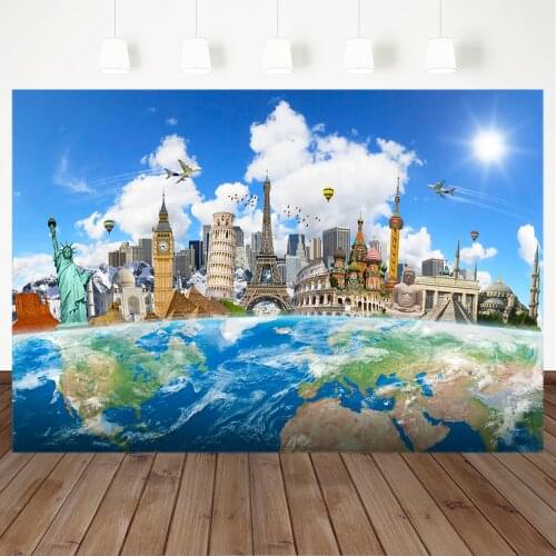 World Map Travel Photography Background Famous Building Backdrop Blue Sky White Clouds Photography Backdrops For Photo Studio